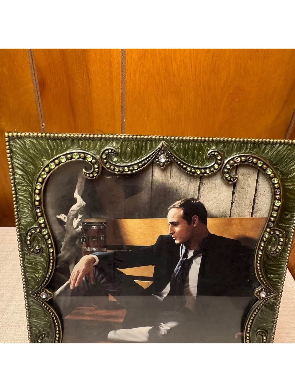 Vintage Jeweled 8x10 Picture Frame Green Ornate Resin Rhinestone Easel